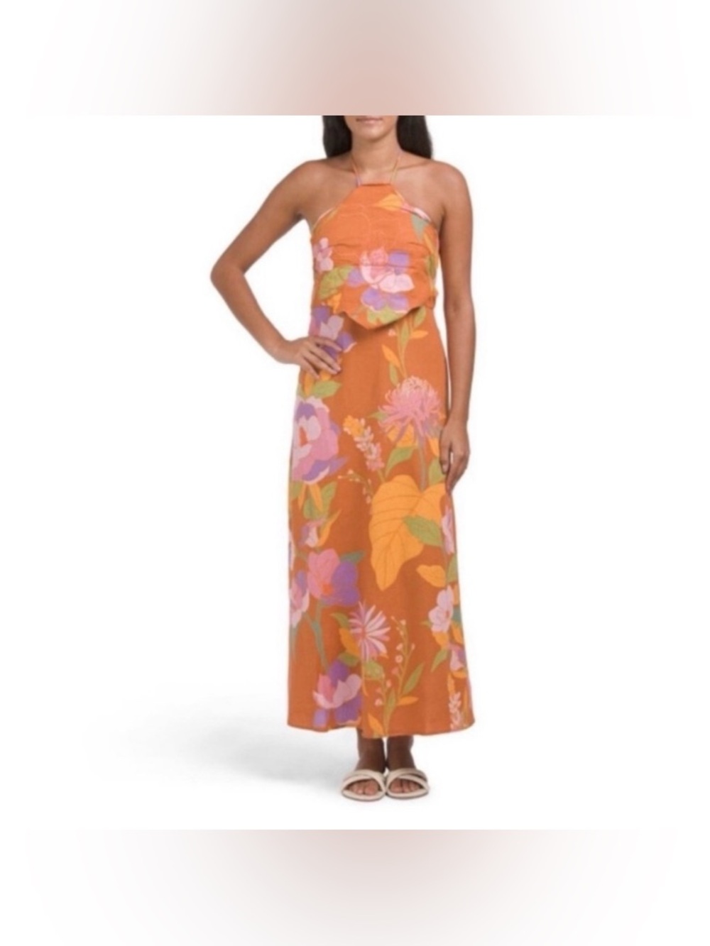 Caroline Constas Orange Floral Halter Maxi Dress with Pink & Green Accents